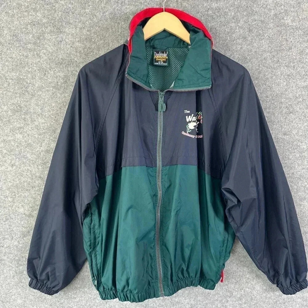 Vintage 90s Windbreaker Womens Medium‎ Navy Packable Hood Cranberry Lightweight